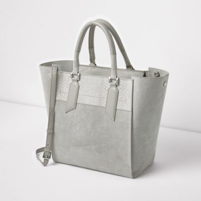 Grey suede leather winged tote bag